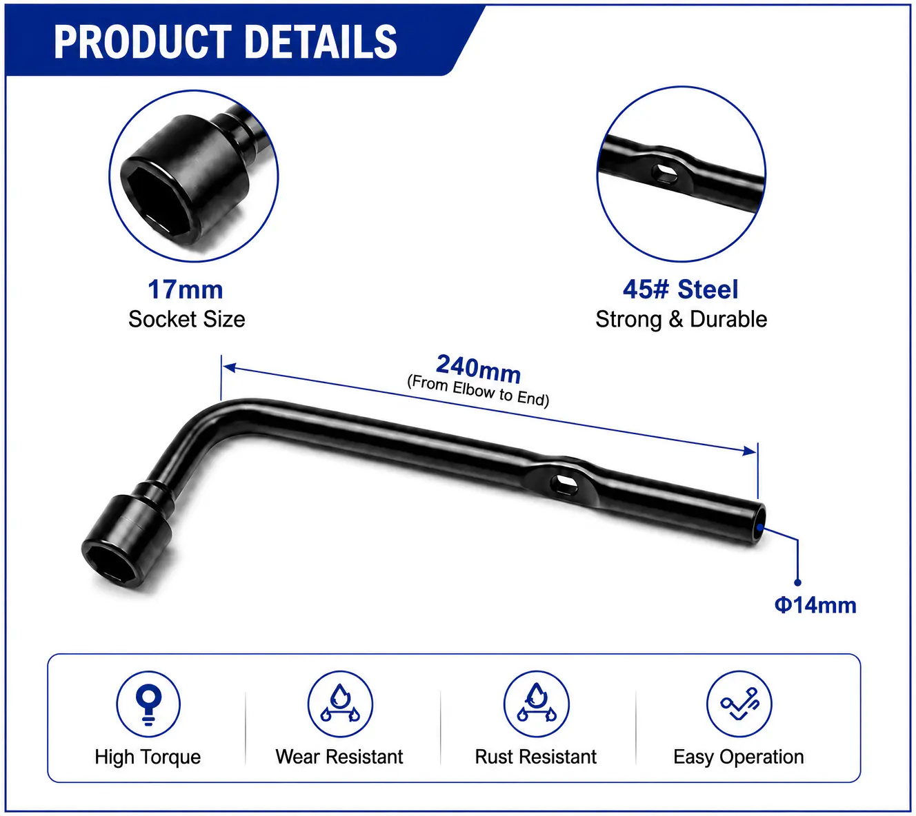 Chave de pneu em forma de L revestida com óxido preto de aço de alto carbono Chave de pneu em forma de L revestida com óxido preto de aço de alto carbono